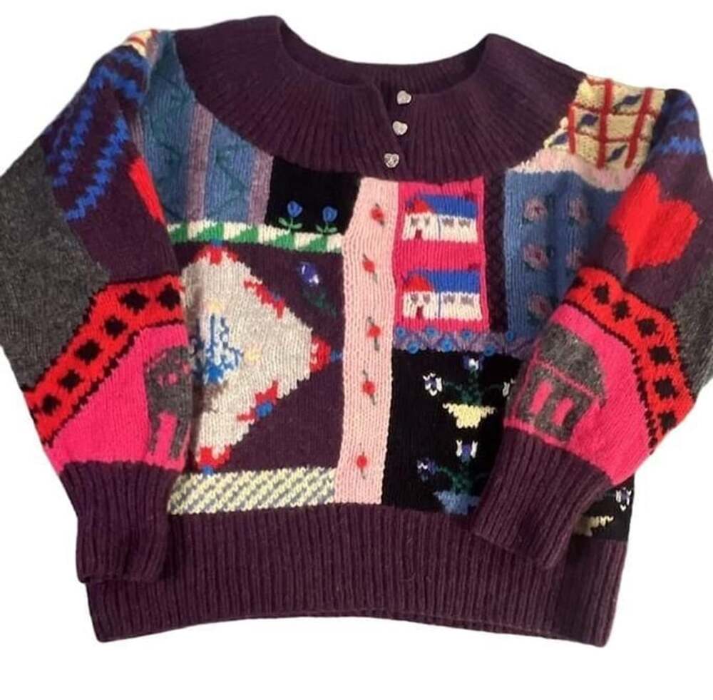 Vintage The Eagle's Eye Handknit Wool Patchwork Cottagecore Sweater Size M